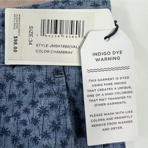 Johnnie-O Val 8" Chambray Shorts Mens Size‎ 34 Blue Palm Tree Print 100% Cotton - Picture 9 of 10